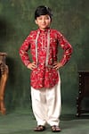 Littlecheer_Red Viscose, , Satin Gota Floral Print Nehru Jacket And Kurta Set _Online_at_Aza_Fashions
