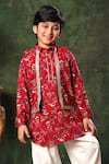 Buy_Littlecheer_Red Viscose, , Satin Gota Floral Print Nehru Jacket And Kurta Set _Online_at_Aza_Fashions