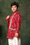 Shop_Littlecheer_Red Viscose, , Satin Gota Floral Print Nehru Jacket And Kurta Set _Online_at_Aza_Fashions
