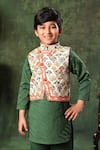 LittleCheer_Green Jacket  Viscose Cotton Printed Geometric Kurta Set With Nehru _Online_at_Aza_Fashions