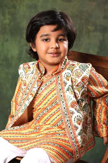 Littlecheer_Multi Color Satin, Viscose, Gota Printed Nehru Jacket And Kurta Set _Online_at_Aza_Fashions