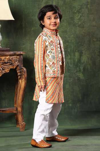 Buy_Littlecheer_Multi Color Satin, Viscose, Gota Printed Nehru Jacket And Kurta Set _Online_at_Aza_Fashions