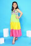 Littlecheer_Multi Color Viscose, Satin, Poplin Feathers Print Tiered Dress _Online_at_Aza_Fashions