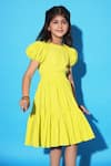 Buy_LittleCheer_Yellow Cotton Poplin Solid Puffed Sleeve Tiered Dress _Online_at_Aza_Fashions
