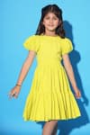 Shop_LittleCheer_Yellow Cotton Poplin Solid Puffed Sleeve Tiered Dress _Online_at_Aza_Fashions
