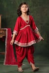 LittleCheer_Red Kurta And Patiala Salwar Viscose Satin Printed Mirror Work Embellished Set _Online_at_Aza_Fashions