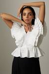 Escape By Aishwarya_White Cotton Satin Embroidery V-neck Pleated Drama Peplum Top _at_Aza_Fashions