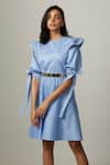 Buy_Escape By Aishwarya_Blue Cotton Satin Round Drama Flare Knotted Dress _Online_at_Aza_Fashions