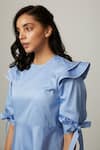 Shop_Escape By Aishwarya_Blue Cotton Satin Round Drama Flare Knotted Dress _Online_at_Aza_Fashions