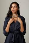 Escape By Aishwarya_Blue Cotton Satin V-neck Asymmetric High Low Wrap Top _at_Aza_Fashions