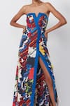 Saaksha & Kinni_Blue Satin Abstract Floral Print Slit Dress_Online_at_Aza_Fashions
