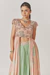 Anu Pellakuru_Peach Muslin, Silk Sequins, Cut Work V-neck Embellished Top With Flared Pant_Online_at_Aza_Fashions