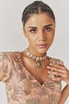 Shop_Anu Pellakuru_Peach Muslin, Silk Sequins, Cut Work V-neck Embellished Top With Flared Pant_Online_at_Aza_Fashions