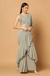 Two Sisters By Gyans_Grey Georgette Sequins, Cut Work V-neck Pre-draped Ruffle Saree With Blouse_Online_at_Aza_Fashions