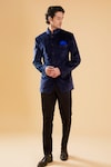 Buy_Raghavendra Rathore Blue_Blue Velvet Plain Mandarin Collar Bandhgala _Online_at_Aza_Fashions