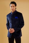 Shop_Raghavendra Rathore Blue_Blue Velvet Plain Mandarin Collar Bandhgala _Online_at_Aza_Fashions