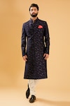 Raghavendra Rathore Blue_Blue Raw Silk Embroidery Flower And Sequin Achkan _Online_at_Aza_Fashions