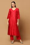 Two Sisters By Gyans_Red Cotton, Chanderi, Chiffon Embroidery, Mirrors Mukaish Work Kurta Set _Online_at_Aza_Fashions