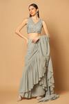 Buy_Two Sisters By Gyans_Grey Georgette Sequins, Cut Work V-neck Pre-draped Ruffle Saree With Blouse