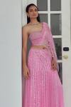 Buy_Moledro_Pink Butterfly Net Mirror Work, Diva Embellished Draped Saree With Blouse_Online_at_Aza_Fashions
