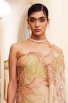 Buy_Moledro_Beige Georgette And Butterfly Net Lily Patchwork One Shoulder Nehar Kaftan_Online_at_Aza_Fashions