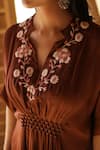 Buy_Raiman_Brown Modal Satin Embroidered Floral V Neck Kaftan Dress And Pant Set  _Online_at_Aza_Fashions