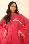 Vanshika Agarwal Label_Fuchsia Bamberg Silk Collared Neck Ruby Embroidered Kaftan Top And Pant Set _Online_at_Aza_Fashions