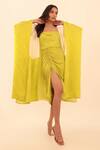 Vanshika Agarwal Label_Yellow Bamberg Silk, Lining Oversized Jacket And Strappy Ruched Dress Set _Online_at_Aza_Fashions