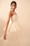 Buy_Vanshika Agarwal Label_White Cotton, Taffeta Pearls Square Neck Embroidered Ruffle Layer Gown _Online_at_Aza_Fashions