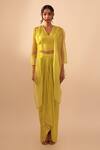 Vanshika Agarwal Label_Yellow Organza, Modal, Taffeta Pearls V-neck Neon Jacket And Draped Skirt Set _Online_at_Aza_Fashions