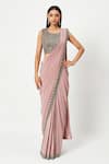 Buy_Rishi And Soujit_Pink Organza, Crepe Cutdana, Stone Pre-draped Saree With Embroidered Blouse _at_Aza_Fashions