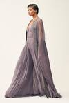 Shop_Rishi And Soujit_Purple Georgette Embellished Swarovski Gathered Jumpsuit With Cape  _at_Aza_Fashions