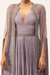 Rishi And Soujit_Purple Georgette Embellished Swarovski Gathered Jumpsuit With Cape  _Online_at_Aza_Fashions