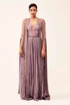 Buy_Rishi And Soujit_Purple Georgette Embellished Swarovski Gathered Jumpsuit With Cape  _at_Aza_Fashions
