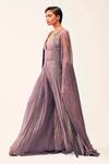 Rishi And Soujit_Purple Georgette Embellished Swarovski Gathered Jumpsuit With Cape  _Online_at_Aza_Fashions