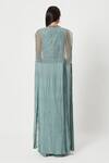 Shop_Rishi And Soujit_Blue Georgette Embellished Swarovski U Gathered Jumpsuit With Cape  _at_Aza_Fashions