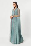 Rishi And Soujit_Blue Georgette Embellished Swarovski U Gathered Jumpsuit With Cape  _Online_at_Aza_Fashions