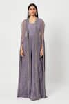 Rishi And Soujit_Purple Georgette Embellished Swarovski U Gathered Jumpsuit With Cape  _Online_at_Aza_Fashions