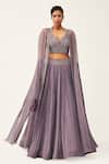 Buy_Rishi And Soujit_Purple Raw Silk, Organza, Georgette Pleated Lehenga Set With Embroidered Cape _at_Aza_Fashions