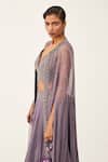 Rishi And Soujit_Purple Raw Silk, Organza, Georgette Pleated Lehenga Set With Embroidered Cape _Online_at_Aza_Fashions