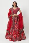 Buy_Rishi and Soujit_Red Raw Silk Embroidered Multi Color Thread Floral Bridal Lehenga Set  _at_Aza_Fashions