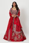 Buy_Rishi and Soujit_Red Raw Silk Embroidered Multi Color Thread Scoop Bridal Lehenga Set  _at_Aza_Fashions