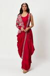 Buy_Rishi and Soujit_Red Silk Embroidered Floral Cowl Draped Dress With Crossbody Dupatta  _at_Aza_Fashions