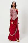 Rishi and Soujit_Red Silk Embroidered Floral Cowl Draped Dress With Crossbody Dupatta  _Online_at_Aza_Fashions