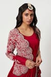 Buy_Rishi and Soujit_Red Silk Embroidered Floral Cowl Draped Dress With Crossbody Dupatta  _Online_at_Aza_Fashions