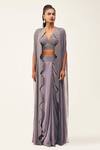 Buy_Rishi and Soujit_Purple Rawsilk Embroidery Bead Cape Open And Draped Skirt Set  _at_Aza_Fashions