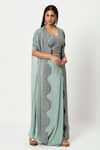 Buy_Rishi And Soujit_Blue Rawsilk Embroidery Bead Cape Open And Draped Skirt Set  _at_Aza_Fashions