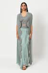 Rishi And Soujit_Blue Rawsilk Embroidery Bead Cape Open And Draped Skirt Set  _Online_at_Aza_Fashions
