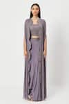 Buy_Rishi And Soujit_Purple Rawsilk Embroidery Bead Cape Open And Draped Skirt Set  _at_Aza_Fashions
