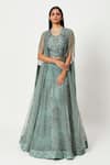 Buy_Rishi And Soujit_Blue Organza Embroidery Swarovski Cape Open Lehenga Set  _at_Aza_Fashions